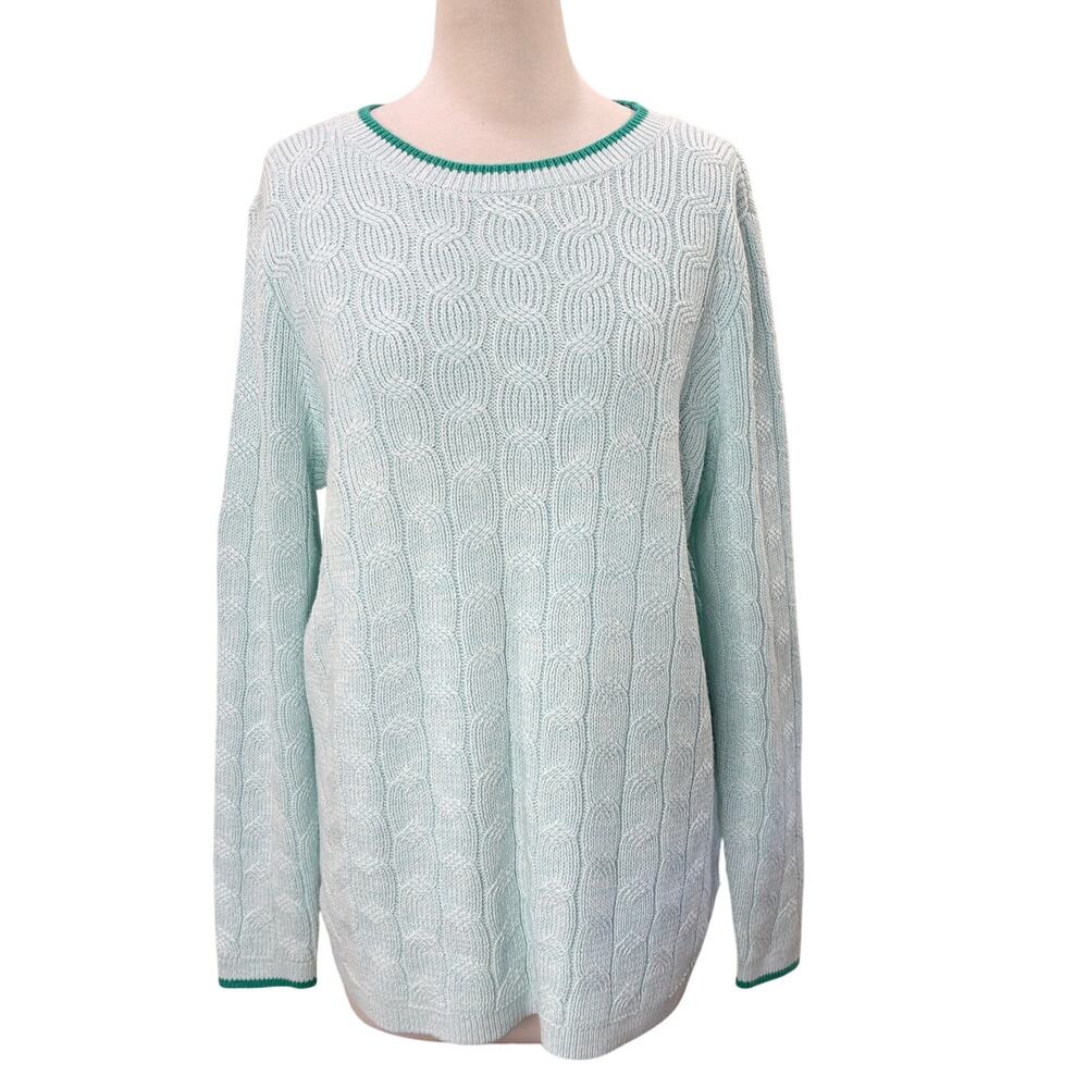 Lands End Size L Drifter Sweater Light Teal Tipped Cable Knit Preppy Fisherman